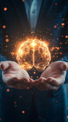 Aufkleber - Businessman presenting a glowing brain with particles, a symbol of innovation and creativity