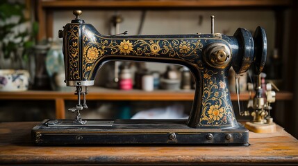 Vintage black sewing machine with gold floral design on wooden table.