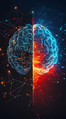 Aufkleber - Glowing human brain divided into two hemispheres - one blue and one red - representing artificial intelligence and creativity