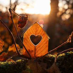 Wall Mural - Miniature leaf house with heart shape window. Sweet home concept. Family warmth, love and protection