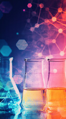 Fototapete - Colorful chemical solutions in beakers standing on a reflective surface with an abstract molecular structure background