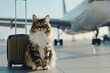 © Luluraschi - a fluffy cat sitting confidently beside a suitcase at the airport