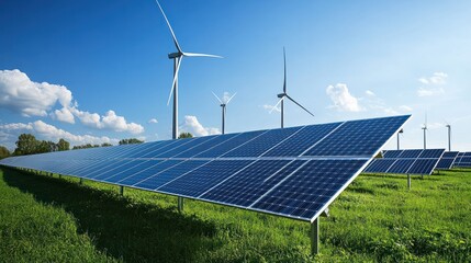 high-tech electrical manufacturing facility producing advanced solar panels and wind turbines