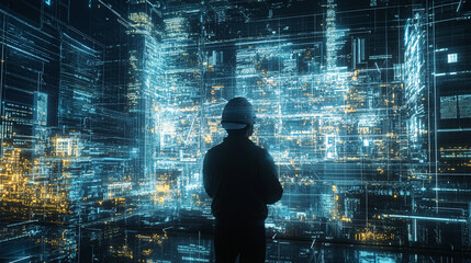 Silhouette of a Person Looking at Digital Cityscape with Lines and Data