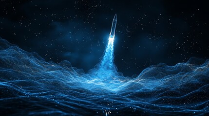 Wall Mural - A futuristic rocket ship blasts off into space, with glowing particles trailing behind it, against a blue and black background.