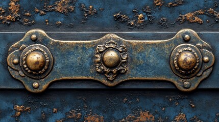 Rusted metal plate with ornate brass accents on a blue background.