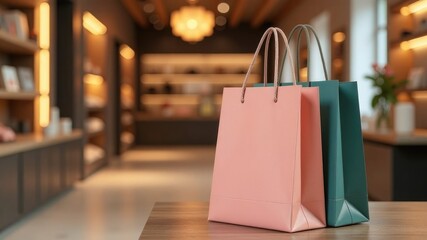 Elegant colored paper shopping bags in the interior of modern boutique. A place to advertise the brand, products, promotions