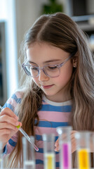 Poster - Young scientist conducting an experiment with test tubes and a pipette, taking safety precautions with protective eyewear