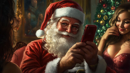 Santa Claus looking at his smart phone with a sly smile while flanked by two beautiful women on a couch with a Christmas tree in the background.