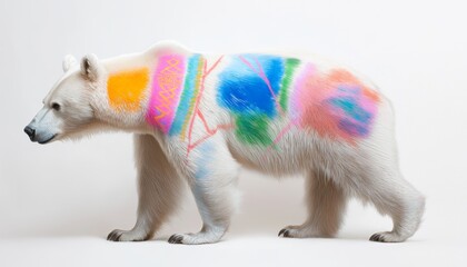 A majestic bear painted with bold colors and ethnic patterns on its back, blending realism and abstract art.