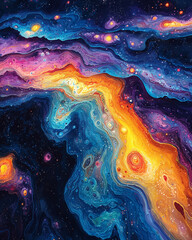 Wall Mural - abstract space scene with fluid waves of orange and blue resembling a celestial river
