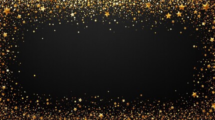 Wall Mural - black background with golden confetti and party decorations on the edges, top view new year's or chr