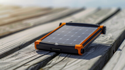 A solar powered device is sitting on a wooden surface