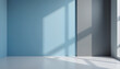 © Irina - Minimalist interior corner with light blue and gray walls, bright sunlight creating shadows, conveying tranquility, copy space