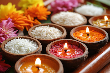 a festive tray with diya, kumkum, rice, and flowers for puja rituals.