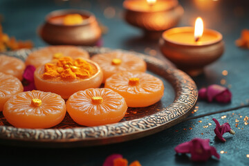 Diwali sweets on a wooden table with traditional props.