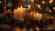 © Bnetto - Traditional Advent wreath with lit candles, evergreen branches and Christmas decorations