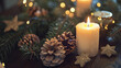 © Bnetto - Traditional Advent wreath with lit candles, evergreen branches and Christmas decorations