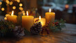 © Bnetto - Traditional Advent wreath with lit candles, evergreen branches and Christmas decorations