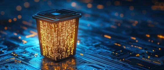 Wall Mural - A glowing digital trash bin on a circuit board background, symbolizing data disposal.