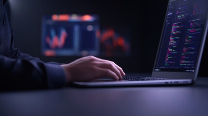 Hacker working on laptop in dark room with code on screen