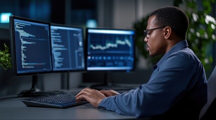 Focused software developer working on multiple computer screens in a dark office environment