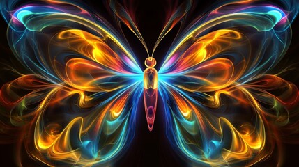 Wall Mural - a mesmerizing abstract butterfly glows symmetrically with vibrant colors against a dark background, 