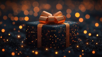Gift box with glowing digital code design and ribbon amid sparkling lights, festive celebration and technology concept