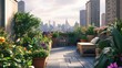 © ROY - A lush rooftop garden with a cityscape view.