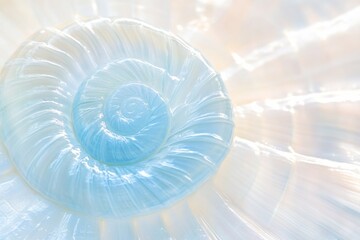 Sticker - A close-up view of a blue sea shell showcasing intricate spiral details illuminated by soft light