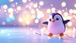 © Kwanhatai - Chubby penguin glides across the ice adorned with twinkling christmas lights in a winter wonderland