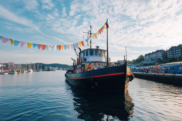 Classic Tugboat with Festive Bunting in Port – Summer Harbor Celebration Scene