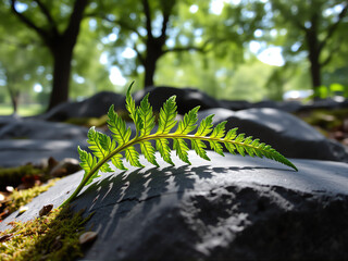 Wall Mural - lush green fern resting on sunlit rocks in a serene forest during a bright summer afternoon