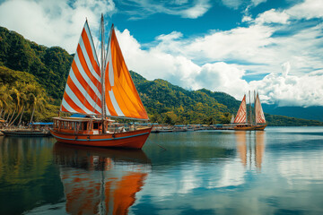 Sticker - Classic Sailboat with Striped Sails at Harbor: Tropical Summer Holiday Scene