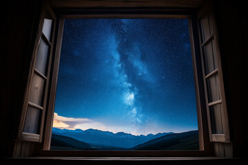 Wall Mural - Window View of Starry Sky from Observatory – Remote Dark Sky Park Stargazing Concept