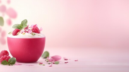 Wall Mural -   A pink bowl filled with whipped cream and topped with raspberries sits on a pink tablecloth adorned with flowers