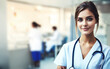 © SushiGirl - Nurse Portrait. Nurse with stethoscope in a serene hospital hallway, radiating professionalism and care. Hospital workplace, Copyspace