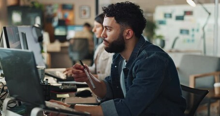 Aufkleber - Web developer, man and technology in office with thinking of solution for website troubleshooting and code testing. Business, employee and computer for problem solving backend development on laptop
