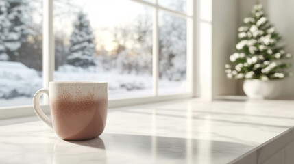 Wall Mural - Hot chocolate mug on a white marble counter in front of a bright window with winter landscape view