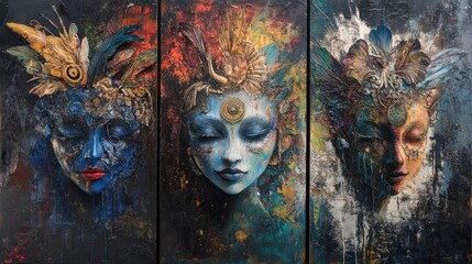 Wall Mural - A triptych of stylized human faces with intricate designs and vibrant colors.