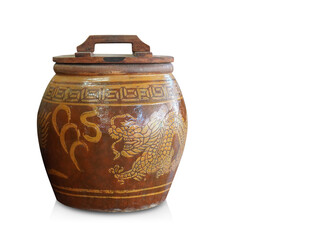 front view old small wooden lid on brown and yellow pot on white background, object, vintage, retro, decor, copy space