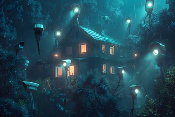 Canvas Print - Enigmatic House Surrounded by Surveillance Cameras in a Rainy Forest