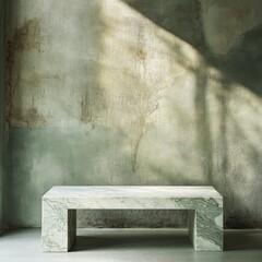 Poster - A simple marble table sits in front of a rough, concrete wall. Soft green light shines from above, creating a rustic and stylish backdrop for a product.