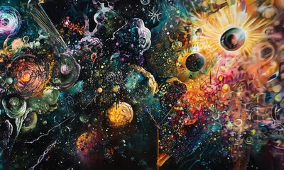 Wall Mural - Cosmic Explosion: Vibrant Abstract Depiction of Interstellar Chaos and Galactic Wonder