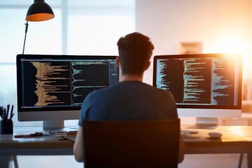 an individual engrossed in programming with two screens displaying code in a bright office, highligh