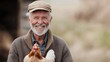 © Y_Malashkevych - An elderly farmer beams with happiness as he cradles a chicken in his arms surrounded by a serene rural landscape. The sun shines down on the farm creating a cheerful atmosphere