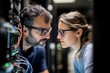 © Odin AI - Two engineers, a man and a woman, closely examine the wiring and hardware in a server room, representing teamwork, technology, and collaborative problem-solving.