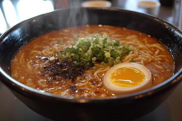 Wall Mural - a steaming bowl of ramen with noodles, egg, and toppings.