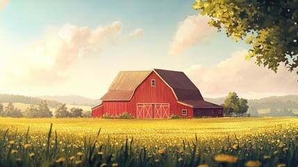 Poster - A picturesque scene with a red barn surrounded by a field of bright yellow flowers