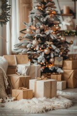 Poster - Cozy Christmas scene with decorated tree and wrapped presents in a living room